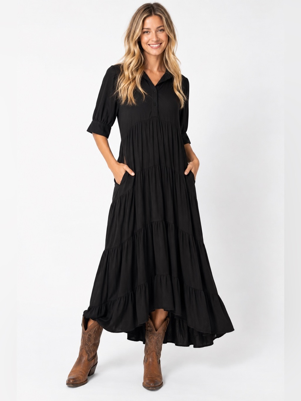 Natural Life Black Tiered Maxi Dress Boho Cottagecore High Low Size S Lagenlook